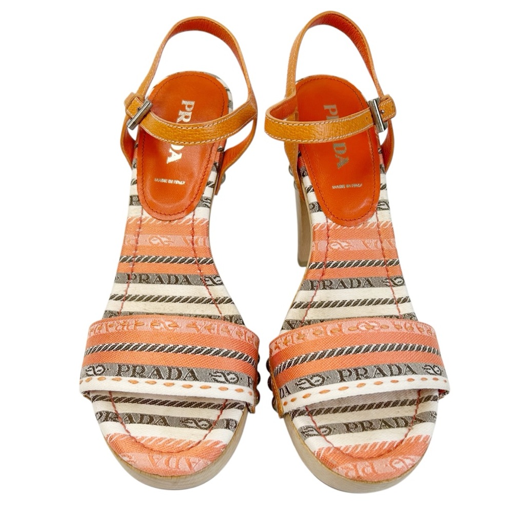 PRADA Striped Logo Wood Platform Heeled Sandals - Picture 2 of 9